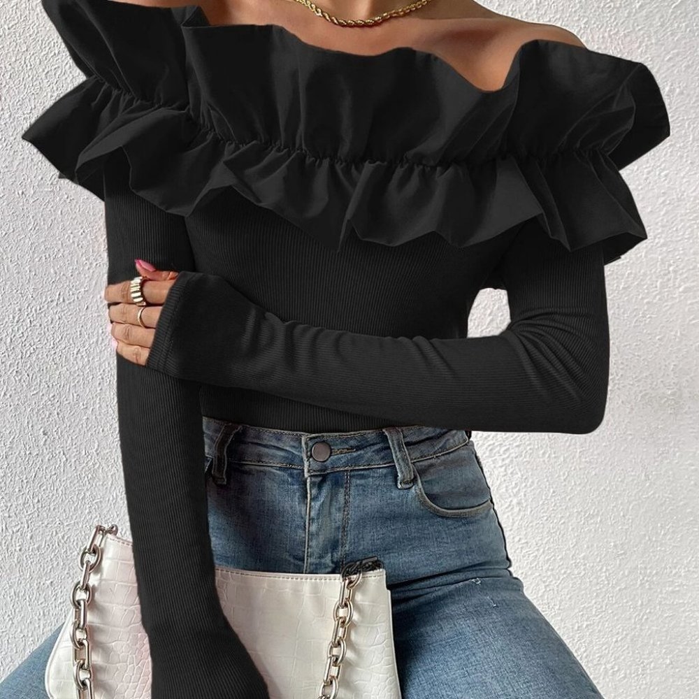 Black ruffled off shoulder blouse - Picture 3 of 5
